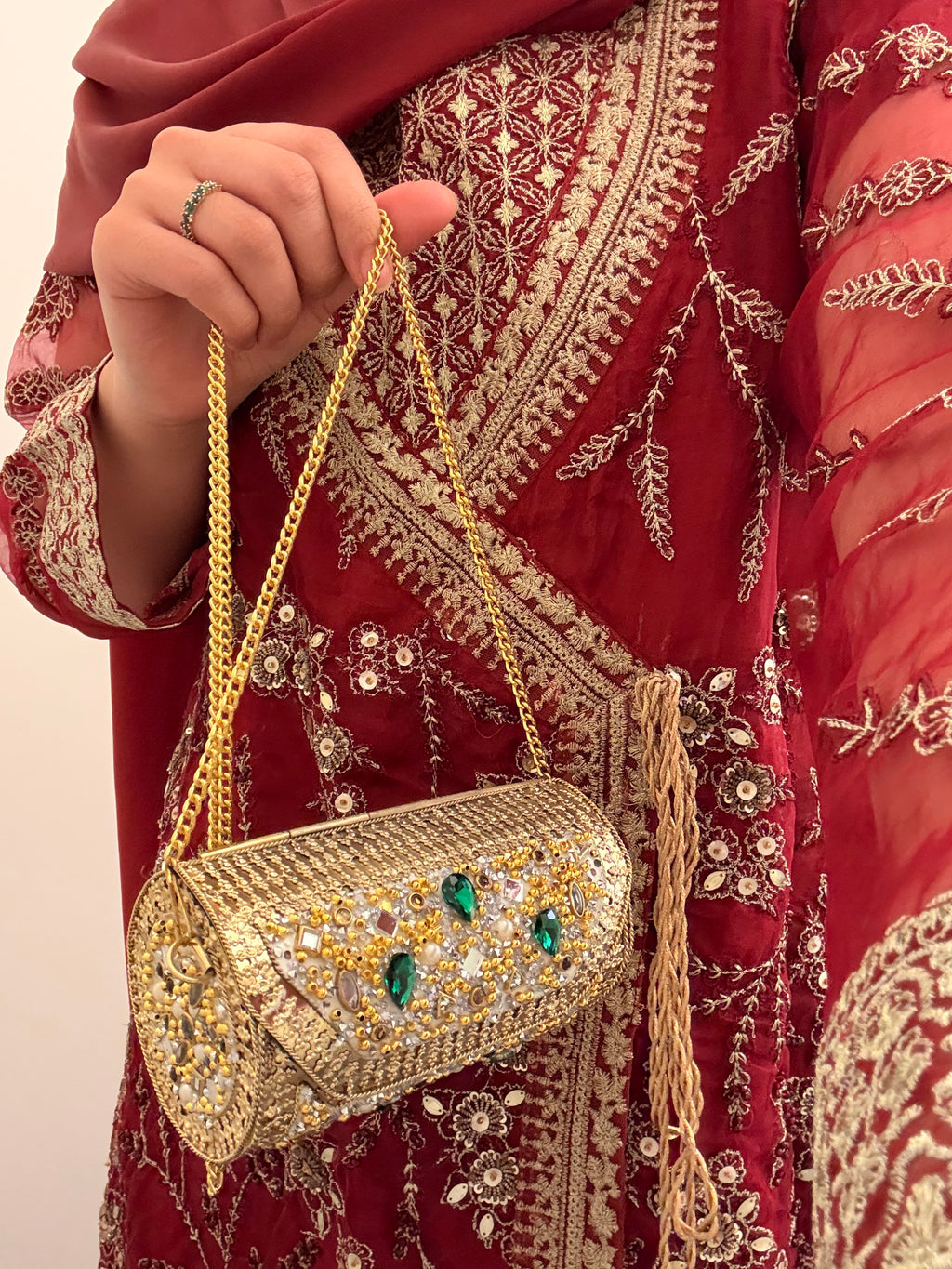 Green festive metal clutch