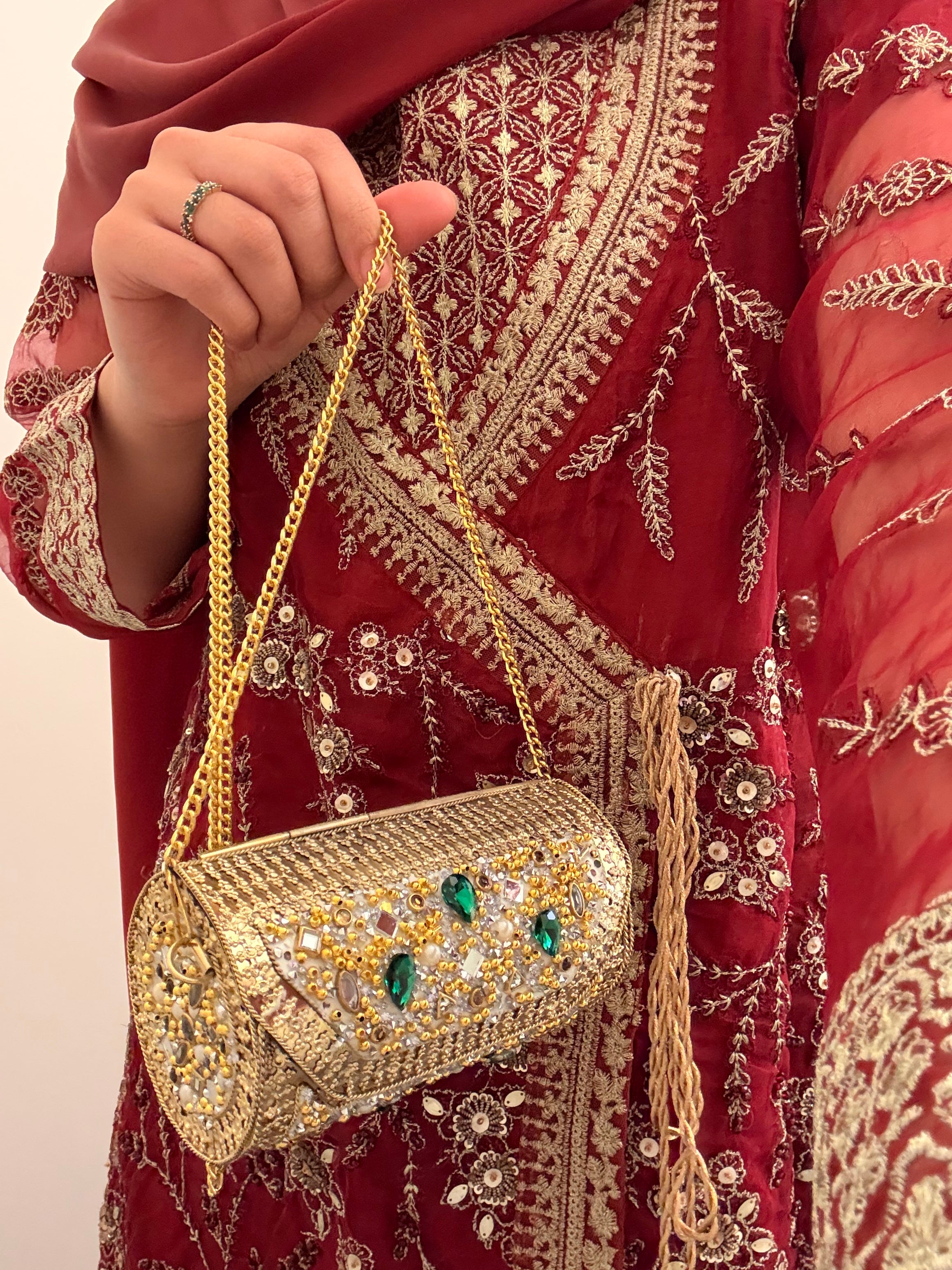 Green festive metal clutch